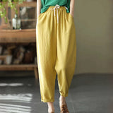 Rimocy Summer Casual Cotton Linen Pants Women Retro Pockets Loose Harem Pants Woman Solid Elastic Waist Trousers Female