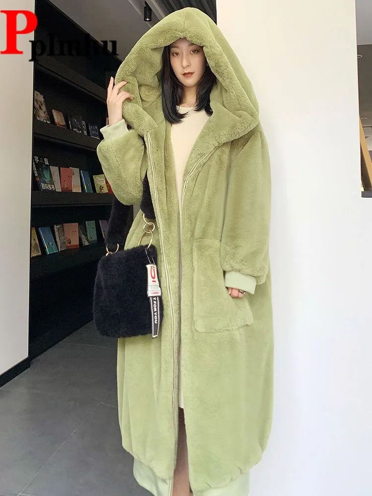 New Hooded Long Warm Thickened Jacket Trend Faux Rabbit Fur Coat Winter Casual Plush Chaqueta High-quality Luxury Outerwears Top