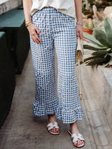 Womens Y2k Plaid Print Pants Gingham Ruffled Hem Elastic Waistband Wide Leg Loose Casual Pajama Trousers Streetweart