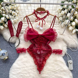 New In Women's Secret Clothes Christmas Red Top Sexy Patchwork Bodysuit Cosplay Erotic Lingerie Winter Strap Pajamas Nightwear