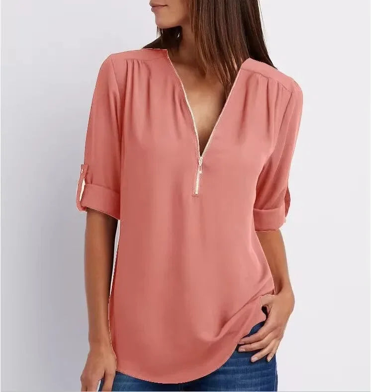 Hot Sale Women Cool Loose Shirt Deep V Neck Chiffon Fashion Blouse Casual Ladies Tops Sexy Zipper Pullover Plus Size