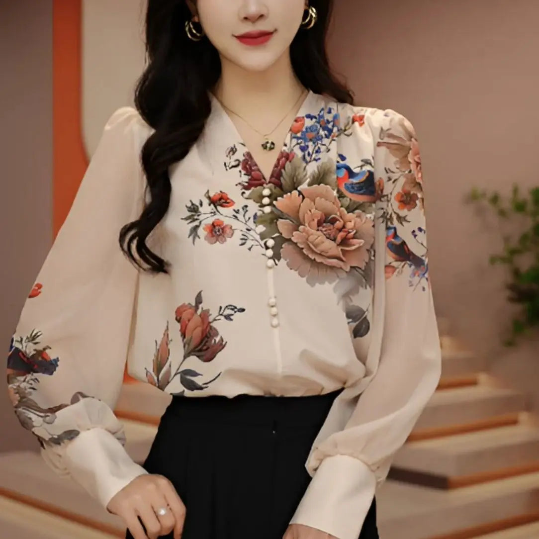 Temperament Ethnic Style Women's Spring and Summer New Fashion Peony Flower Age Reducing Loose Slimming Chiffon Top for Women