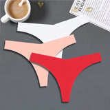 FINETOO 3PCS Women Ice Silk Seamless Underpants Panties Sexy V-Waist Sport Thongs Low Rise 10 Soild Colours Breathable G-string