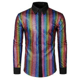 Club Dance Men Shirt Men Disco Shirt Sequin Stand Collar Men's Shirt for Club Dance Stage Performance Shiny Smooth Long Sleeve