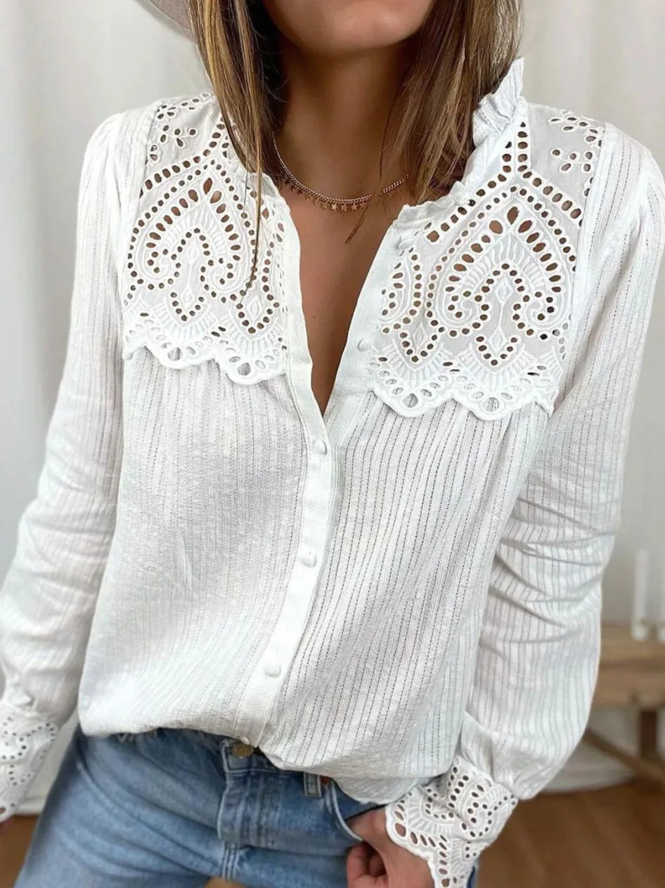 High-Quality Loose Cotton Women Blouses Autumn New Lace Women Shirt Tops Fashion Casual Round Neck Long Sleeve Women Blouse