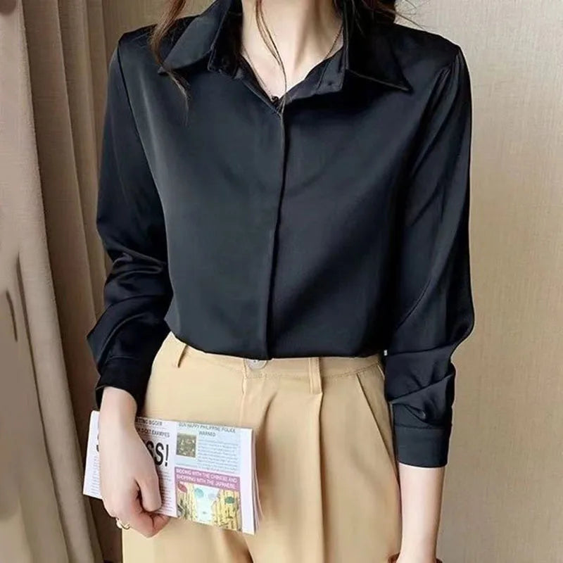 Office Lady Long Sleeve Shirt New Spring Autumn Casual Chiffon Shirts Women All-match Simple Black White Blouses