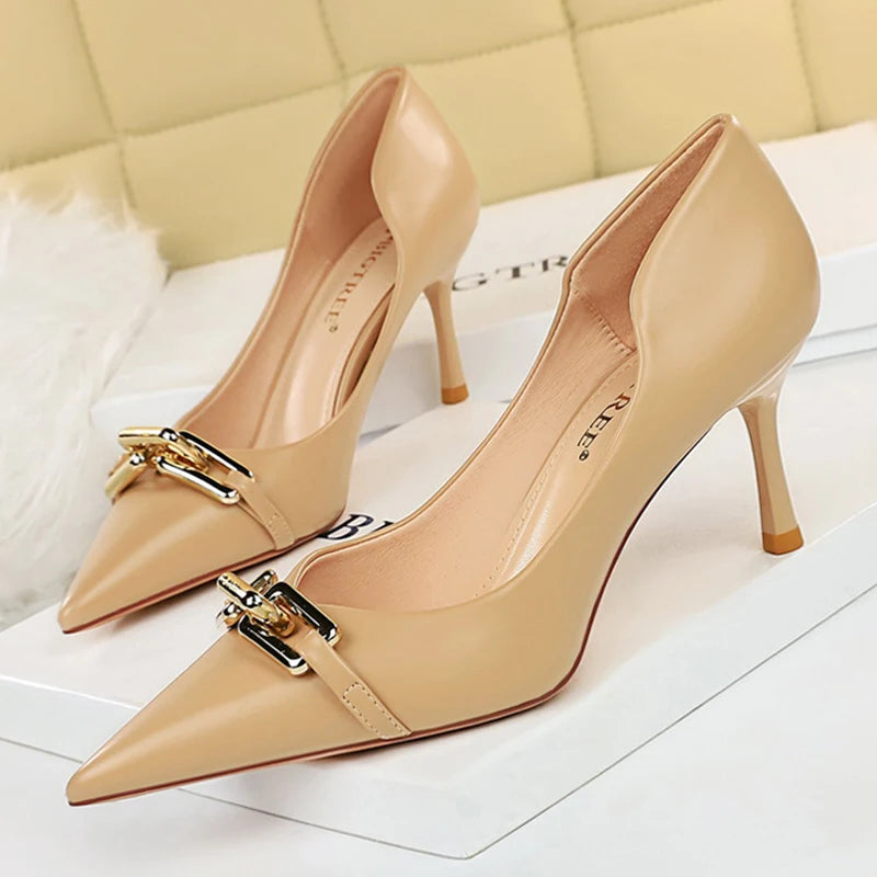 BIGTREE Shoes Elegant Women Pumps Metal Button Kitten Heels Women Shoes Stiletto Banquet Shoes Pointed High Heels Large Size 43