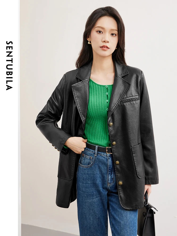 SENTUBILA Pu Leather Blazer Jackets Women Outerwear 2024 Fall Retro Straight-cut Notched Pockets Autumn Winter Coat