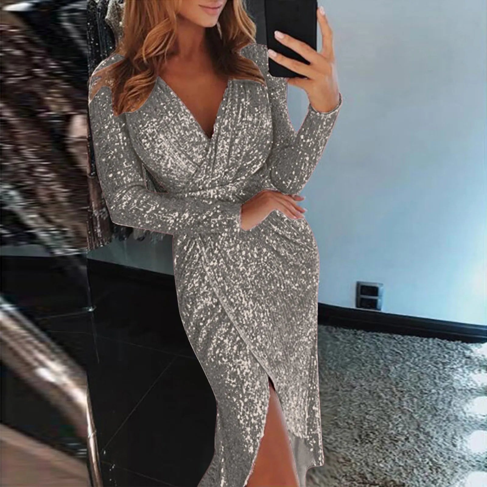 Slim Night Club Party Dress Women Sexy Deep V Sequins Wrap Hip Ruched Long Sleeve Formal Dress Nightclub Performance Costume