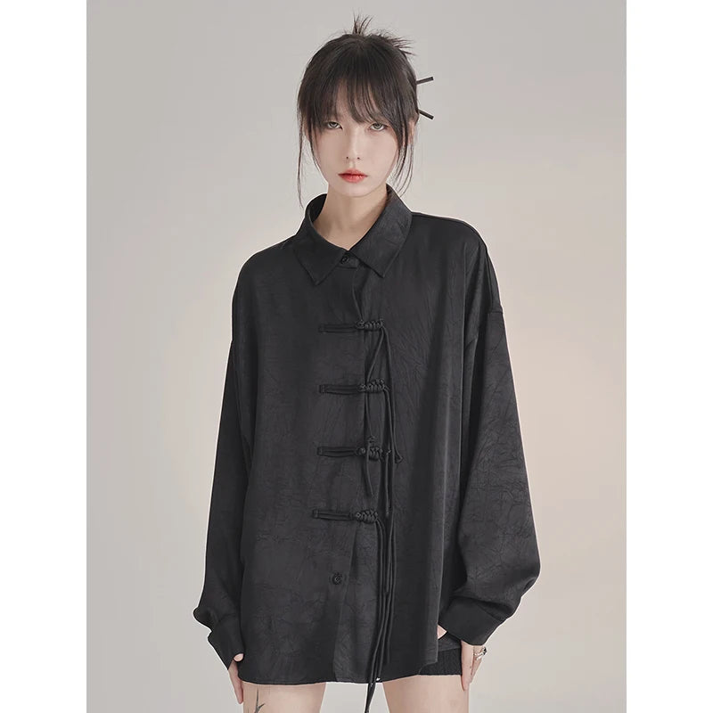 French Elegance Black Blouses Baggy Lapel Collar Korean Lady Sweet Cross Bandage Exquisite Shirts Single Breasted Streetwear