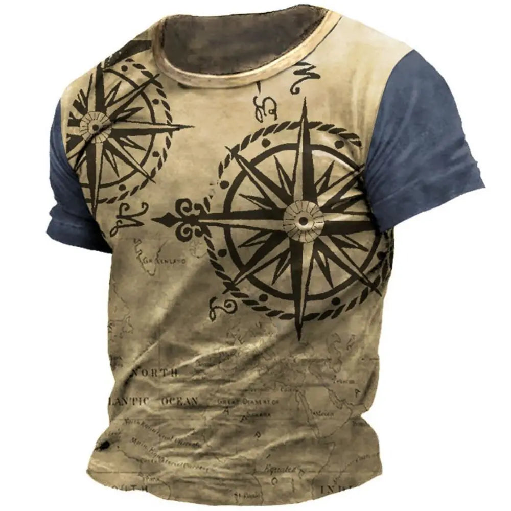 Vintage Men's T-shirt Summer American Shirt Tops Compass Printed Short-sleeve Tees Loose Daily Men Clothing Casual Streetwear