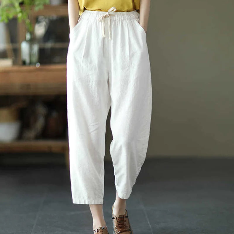 Rimocy Summer Casual Cotton Linen Pants Women Retro Pockets Loose Harem Pants Woman Solid Elastic Waist Trousers Female