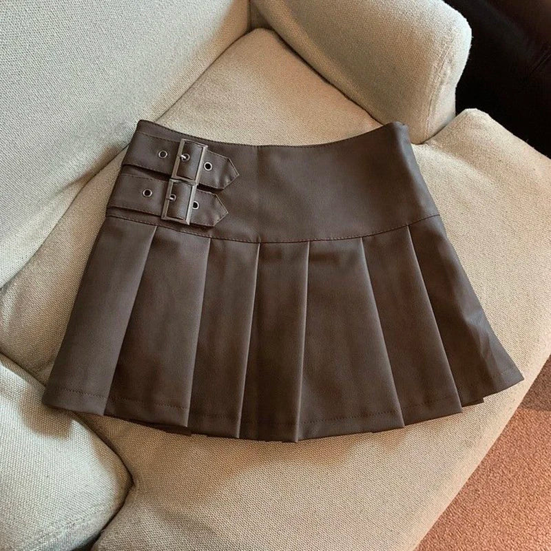 Leather Mini Skirts Women Streetwear High Waist Pleated Skirt Vintage Korean Black Slim Casual A Line Skirts