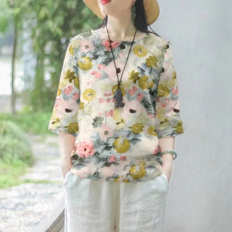 Women Cotton Linen Blouses Summer Bohemian Floral Printed Blusas Fashion 3/4 Sleeve O-Neck Top Casual Loose Shirts