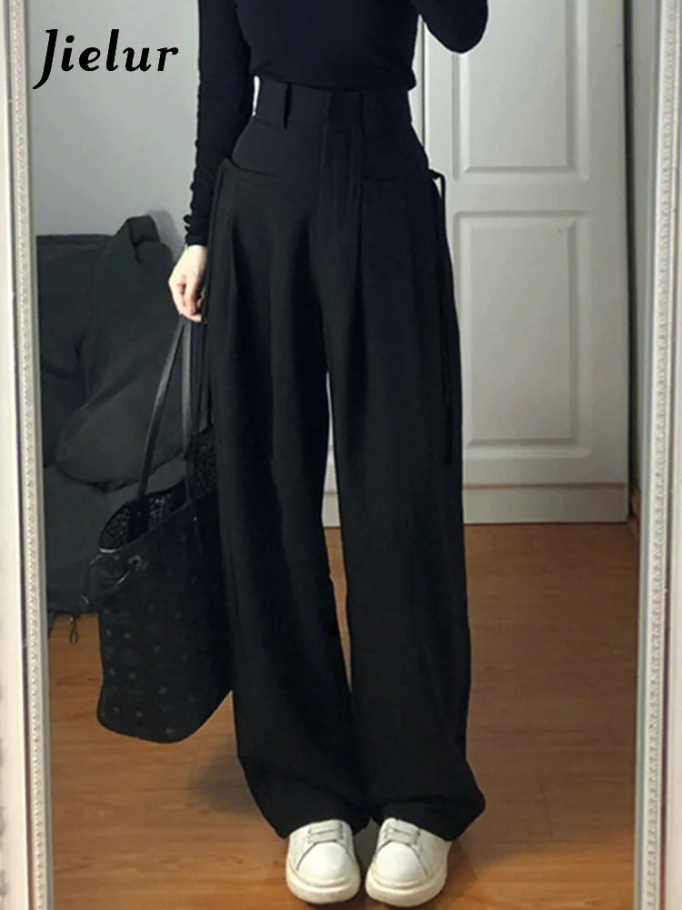 Jielur Simple Black High Waist Female Wide Leg Pants Full Length Casual Straight Solid Color Women's Suit Pants American Style