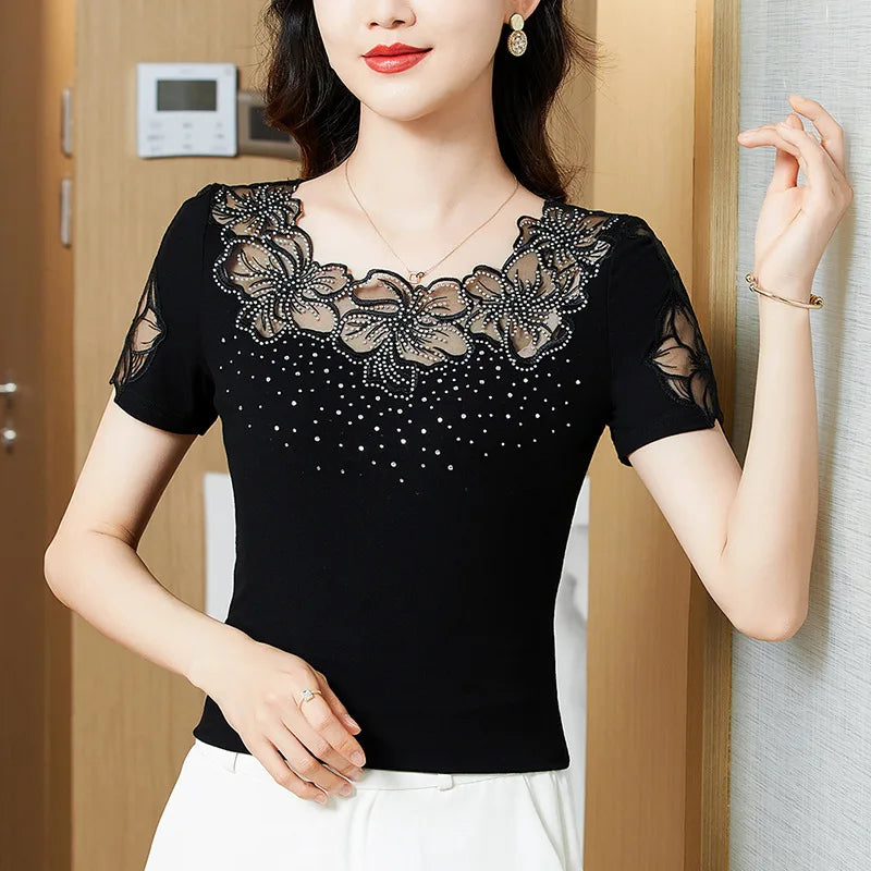 M-4XL New Summer Short Sleeved O-Neck Women's T-Shirt Elegant Slim Hollow Out Drilling Mesh Tops Blusas