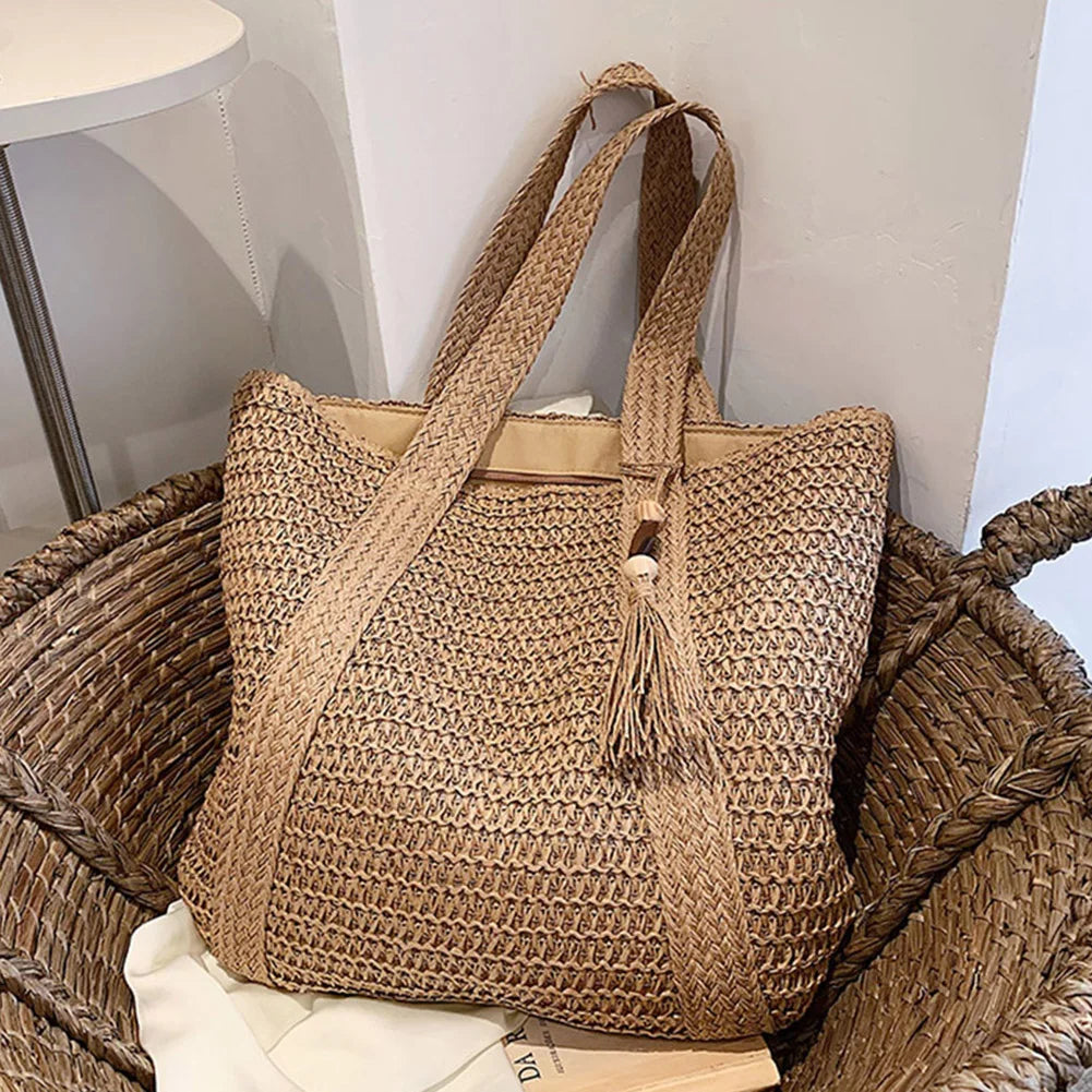 Summer Straw Women Bag Hand-Woven Handbags Handmade Raffia Beach Boho Shoulder Bag Large Tote Bag Tassel Shopping Purses