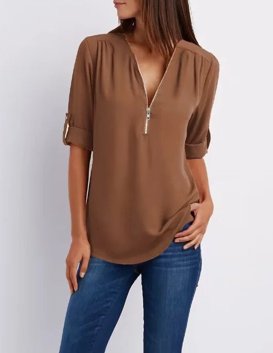 Hot Sale Women Cool Loose Shirt Deep V Neck Chiffon Fashion Blouse Casual Ladies Tops Sexy Zipper Pullover Plus Size