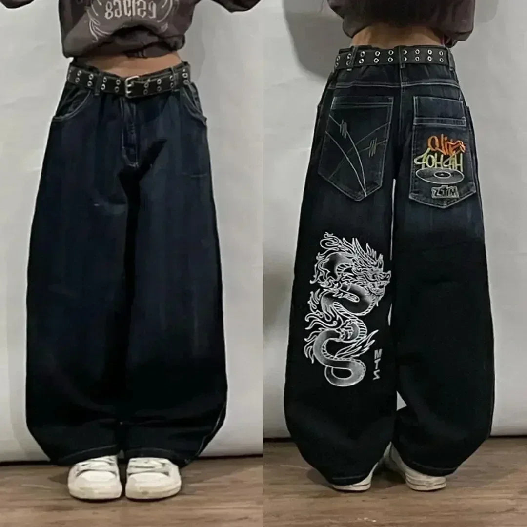 American Hip Hop Retro Gothic Print Jeans Women Y2K New Street Selling Fashion Loose Straight Wide Leg Pants Unisex Joker Jeans