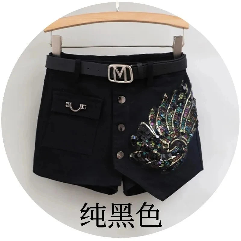 Fashion Sequin Denim Short Skirt Women Spring/Summer New Korean High Waist Slim Irregular Sexy Hot Pants White Black Casual