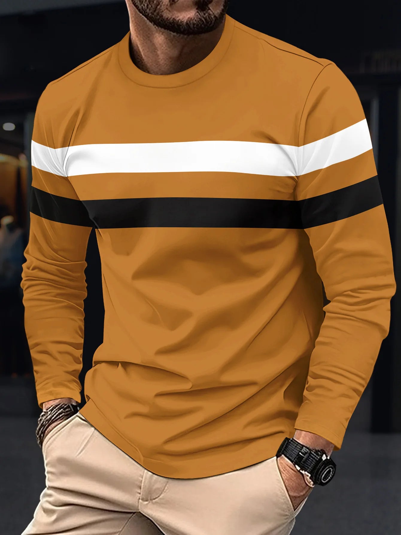 Spring and Autumn Fashion Men's Long Sleeve Round Neck Splicing T-shirt Business Anti Wrinkle Street Wear Casual Top