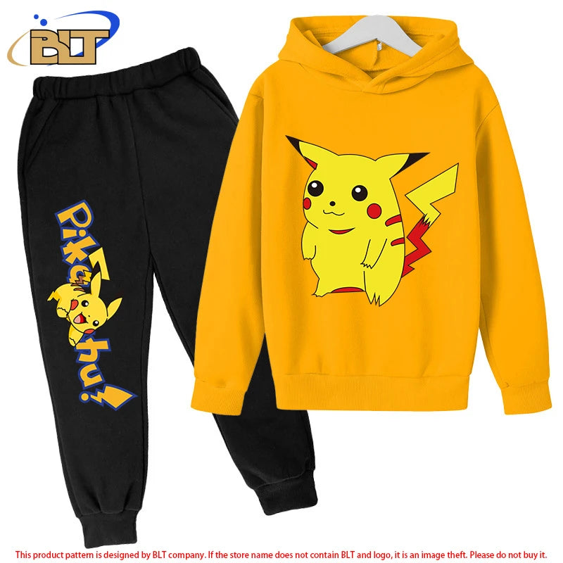 Pikachu children's fleece hoodie set yellow sports sweatshirt pants two-piece suit for boys and girls