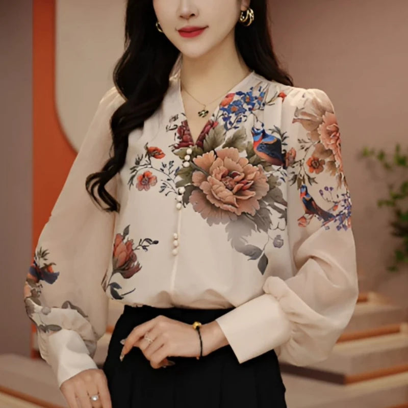 Temperament Ethnic Style Women's Spring and Summer New Fashion Peony Flower Age Reducing Loose Slimming Chiffon Top for Women