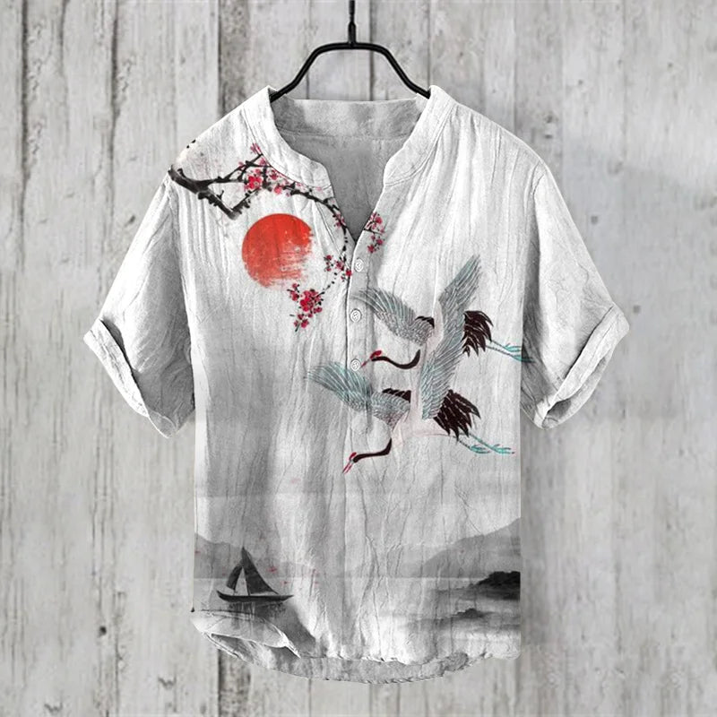 Fashion retro distressed linen breathable men's shirt men's clothing art illustration print fashion v-neck henley men's shirt