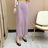 Women Pleated Solid Color Ankle-length Pants Elastic Waist Wide Leg Straight Female Trouser Loose Summer