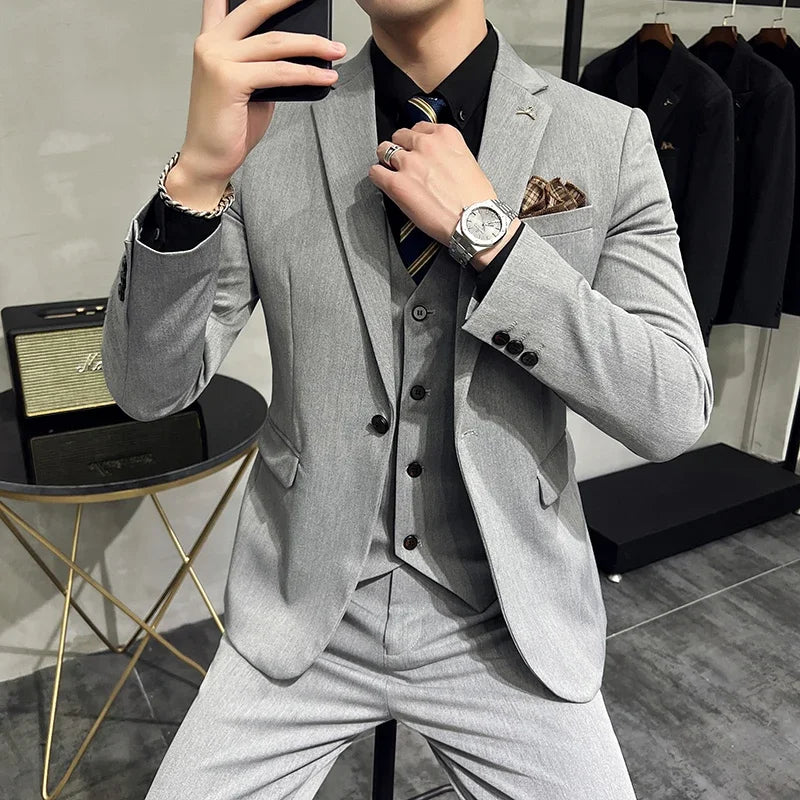 Men's Suit Jacket Vest Pants Fashion Boutique Plaid Casual Business Male Groom Wedding Tuxedo Dress 3 Pieces Set Blazers Coat