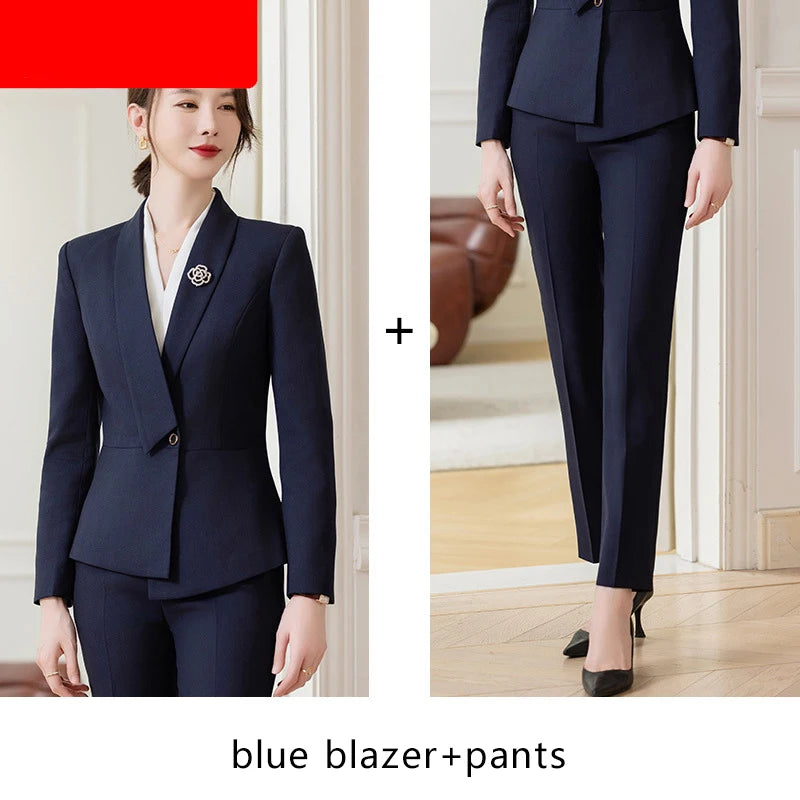 Formal Work Pants Suits Women New Korean Office Ladies Solid Slim Long Sleeve Blazer Pencil Pants Two Piece Set