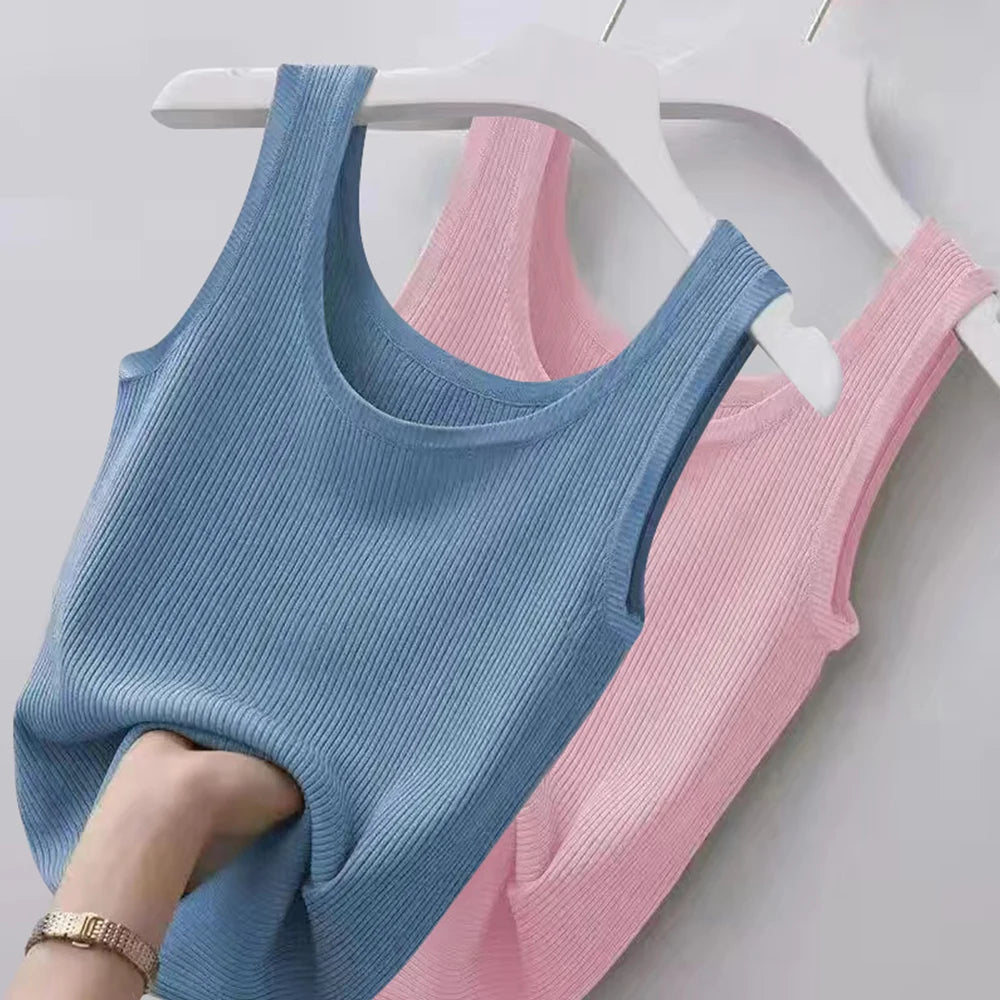 Summer Women Knit Vest Top Plain Tees Tank Top Sleeveless O Neck Women Camisole PureColor T-shirt Slim Tank Top Cropped Feminino