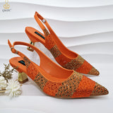 Women Heel Party Ladies Italian Design Green Shoes And Bag Set Decorated with Rhinestone Handbag Wedding Party