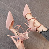 New Cross-strap Roman Sandals Suede High Heels Women's Shoes One-line Buckle Fine Heel Pointed Sandals Zapatos De Mujer