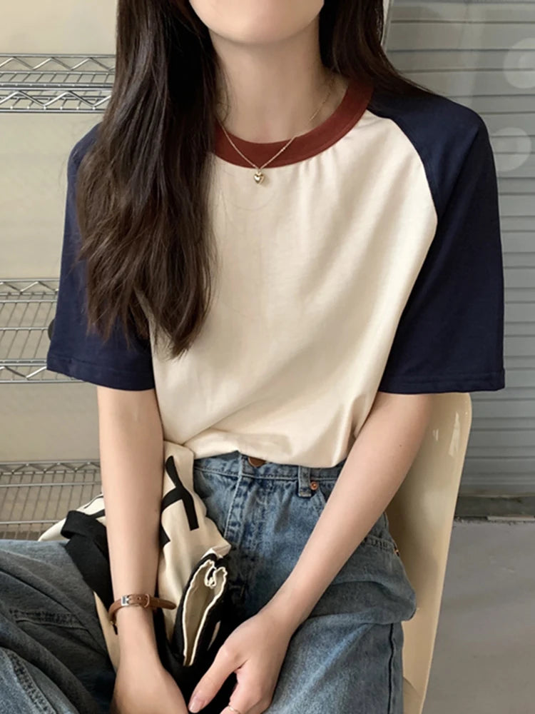 AOSSVIAO Summer Tops for Women Tshirt Turn Down Collar Short Sleeve Beige Blue Chic Y2k Fashion Patchwork 2024 T Shirts