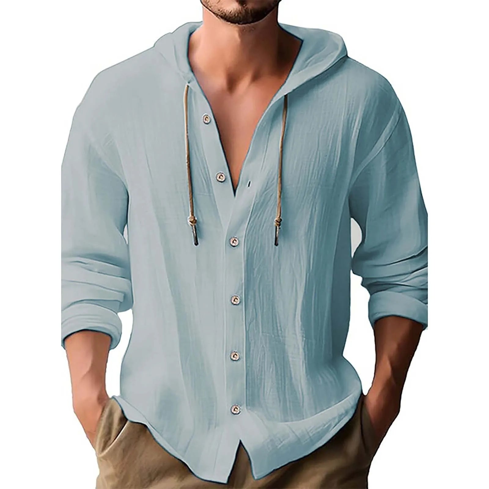 Men's Solid Color Casual Long Sleeved Shirt With Hood And Drawstring Cotton And Linen Cardigan Fashionable Daily Versatile Top