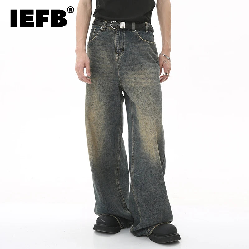 IEFB Men's Vintage Jeans Fashion Washed Street Casual Wide Leg Denim Pants Summer Distressed Loose Male Versatile Trousers