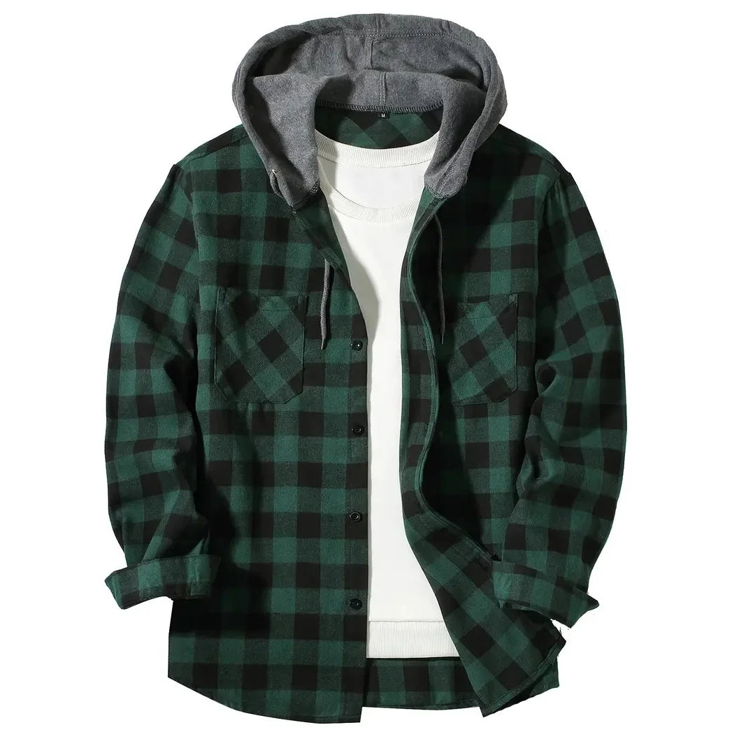 Men's Shirts Classic Plaid Casual Button Down Hooded Long Sleeved Double Pockets Shirt Hoodie Flannel Jacket Spring Autumn Tops