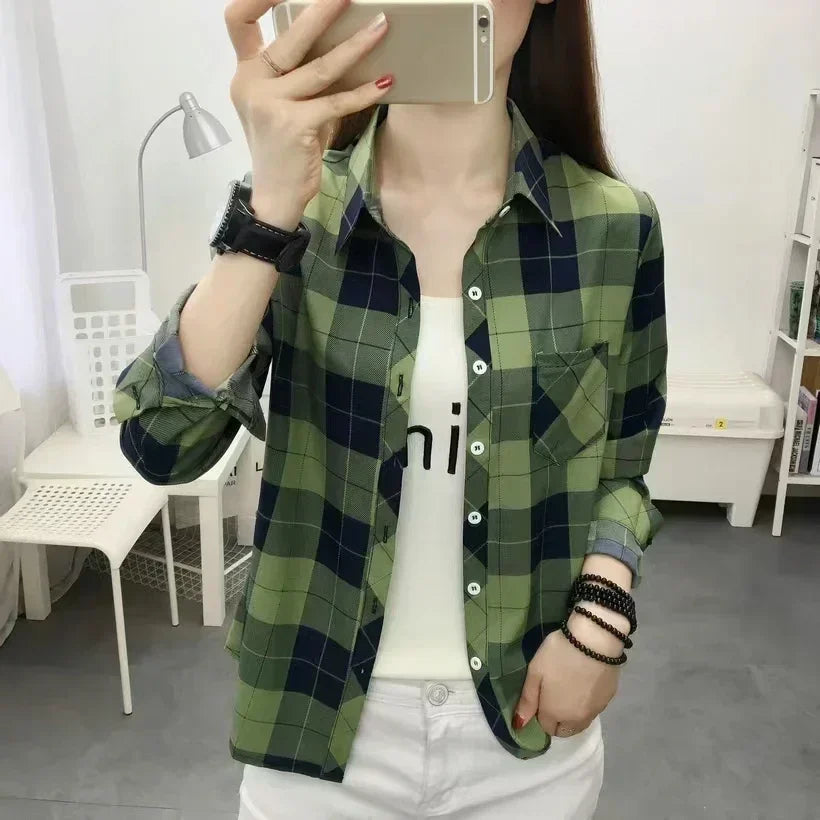 Spring and Autumn New College Style Women's Long-sleeved Bottom Top Cardigan Long-sleeved Fashion Plaid Shirt