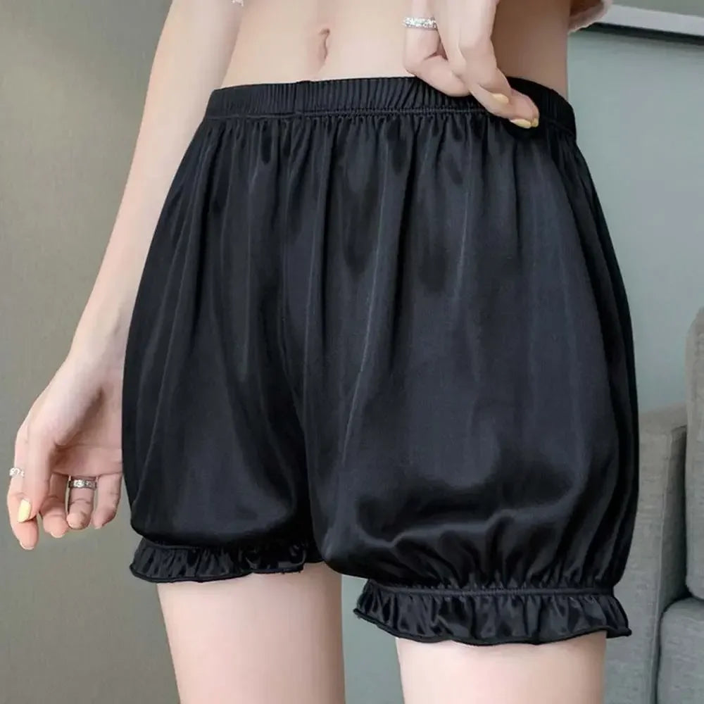 Satin Safety Short Ice Silk Pants Women Ruffled Pumpkin Pants Lady Thin Leggings Leisure Loose Home Sleeping Bottoms Shorts