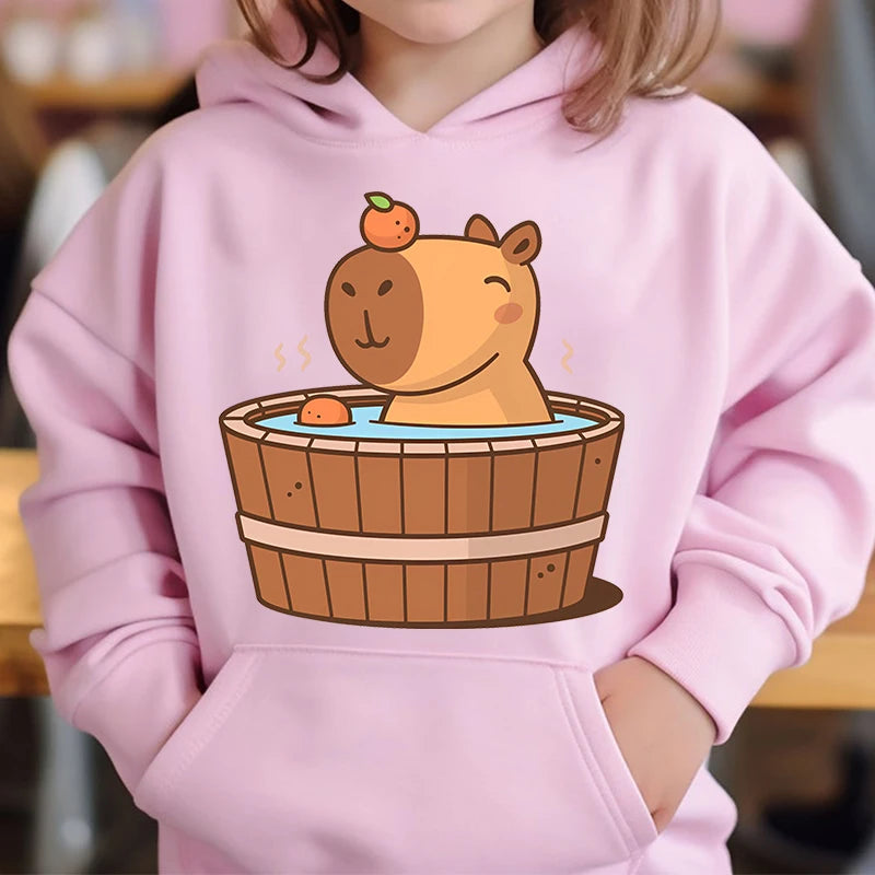 Cute Capybara Loves Bubble Tea kids hoodie pink plus velvet sweater autumn and winter tops for girls