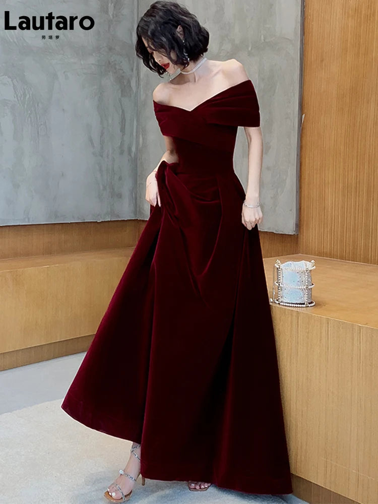 Lautaro Spring Long Luxury Elegant Wine Red Soft Velvet Evening Party Wedding Dresses for Women Off Shoulder Maxi Dress