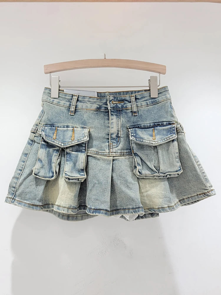 DEAT Women's Denim Skirts Patchwork Asymmetric Pockets Pleated A-line Short Cargo Miniskirt Autumn New Fashion