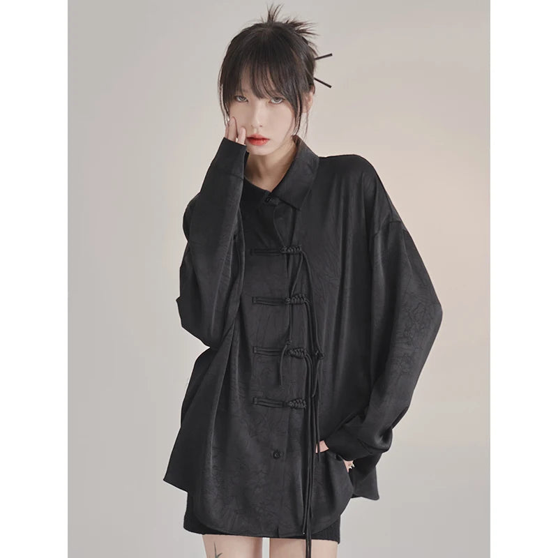 French Elegance Black Blouses Baggy Lapel Collar Korean Lady Sweet Cross Bandage Exquisite Shirts Single Breasted Streetwear