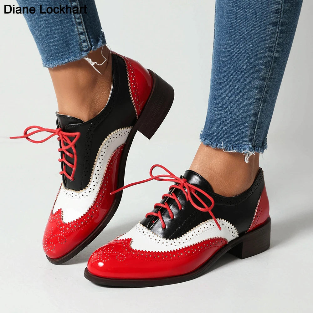 Vintage Style Casual Lace up Shoes For Women Oxfords Fashion  Mixed Colors Women Flats Lady PU Leather Single Shoe Big Size