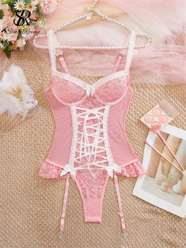 SINGREINY Lace Sexy Lingerie Bodysuit Strap Cross Lace-Up Garter Slim Sensual Rompers Ladies Bow Mesh Sheer Porn Sheath Playsuit