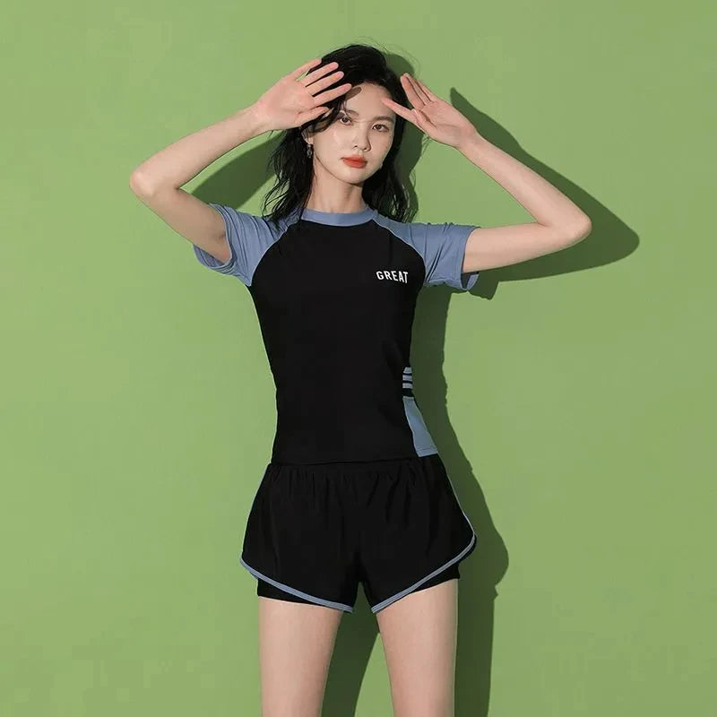 Fashion Women's Swimming Suit Ladies Patchwork Short Sleeve Swimwear Sports Pool Beachwear Two Piece Swimsuit With Shorts