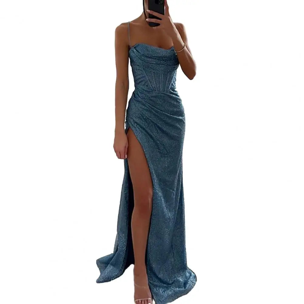 Woman Spring Summer Bodycon Dress Sexy Shiny Sequins Spaghetti Strap Split High Waist Dress Lady Prom Dress Evening Dresses