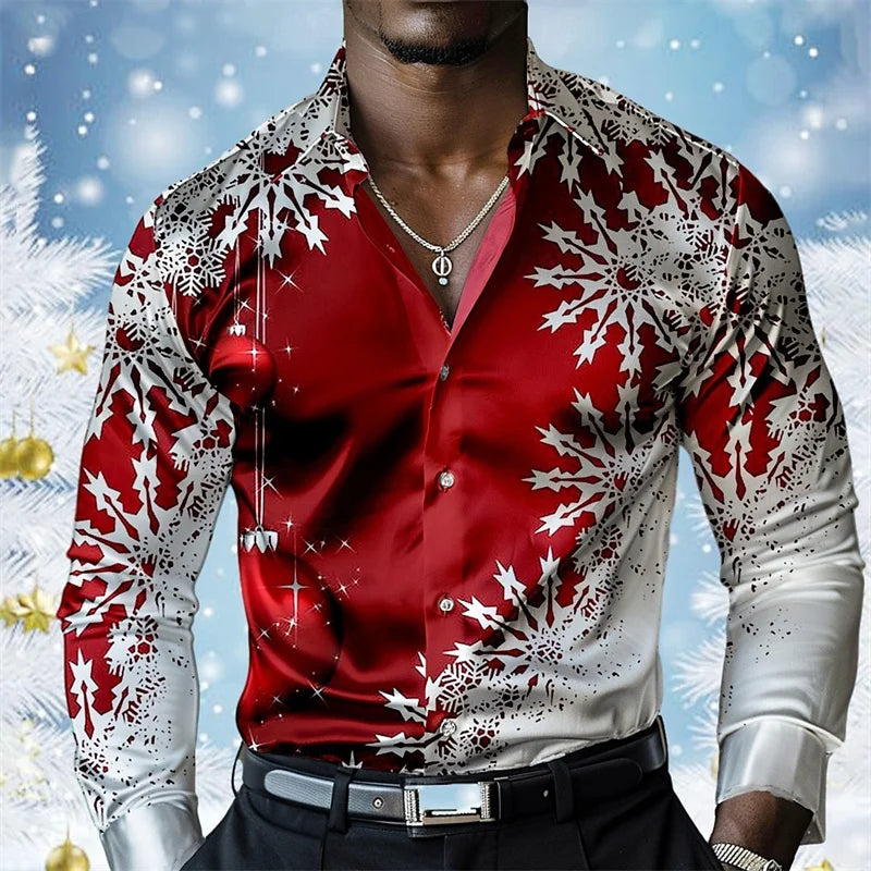 Christmas Men's Christmas Scene Printed Shirt Snowflake Casual Fashion Lapel Button Long Sleeve Party Autumn Shirt