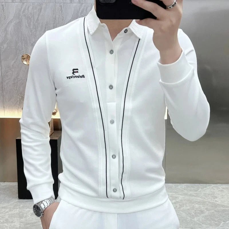 Business Casual Men T-Shirts Spring Autumn New Male Clothes Fake Two Pieces Streetwear Fashion Office Social Long Sleeve Tops